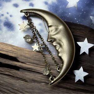 Vintage Brushed Silver Crescent Moon Brooch Pin with Dangling Star Accents